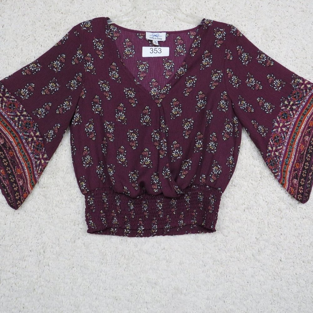 twine & string* Women's 3/4 Sleeve V-Neck Elastic Waistline Blouse Medium~Purple